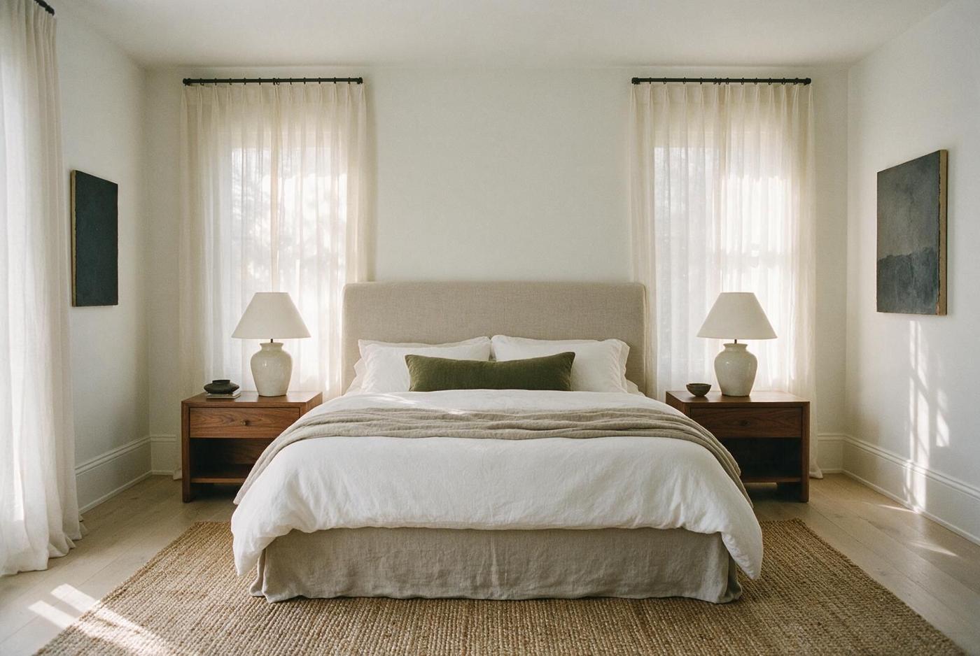 Placeholder image: a calm bedroom with a linen headboard